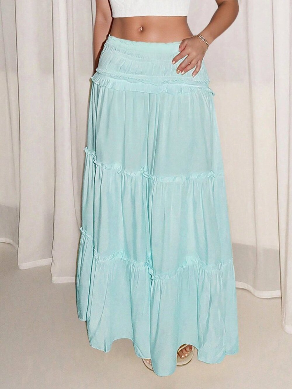Baby Blue Elegant Women's Pleated Mixed-Fabric Ruffle Hem Casual Vacation Skirt - Picture 5 of 8